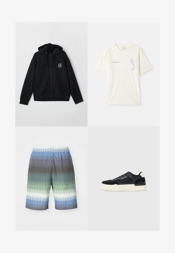 Juodas zip-up džemperis, pagamintas iš minkštos medžiagos, turi pamuštą gobtuvą, dvi priekinės kišenes ir mažą baltą logotipą ant kairiojo krūtinės.; Balta medvilninė marškinėliai trumpomis rankovėmis, su juodu ir mėlynu užrašu „United By Rhythm“ ant krūtinės. Apvalaus iškirpimo dizainas.; Vyrų maudymosi šortai su zigzagų raštu, pereinančiu juodos, tamsiai žalios, melsvai žales ir mėlynos spalvų atspalviais, su elastingu liemeniu ir lengva medžiaga.; Juodos sportinės bateliai, pagaminti iš tinklinės medžiagos ir odos, su storu baltu padu ir kontrastingais akcentais. Raišteliai ir logotipo detalės šone.