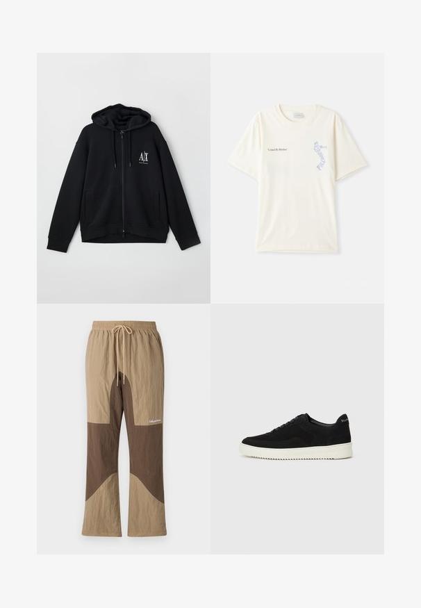 Svart zip-up hettegenser laget av myk stoff, med foret hette, to frontlommer og en liten hvit logo på venstre bryst.; Hvit bomull t-skjorte med korte ermer, med teksten "United By Rhythm" i svart og blå grafikk på brystet. Rund halsdesign.; Brune og tan fargeblokkerte bukser med elastisk midjebånd, snøring og tekstlogo. Laget av strukturert stoff med avslappet passform.; Svart semsket sneakers med snøring og kontrasterende hvit gummisåle. Har teksturerte sidepaneler og subtil merkevare på hælen.