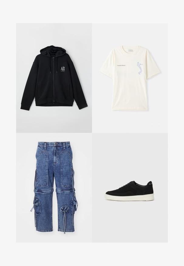 Melnā kapuce ar rāvējslēdzēju, izgatavota no mīksta auduma, ar oderētu kapuci, divām priekšējām kabatām un mazu balto logo kreisajā krūtī.; Balts kokvilnas T-krekls ar īsām piedurknēm, ar melnu un zilu grafiku "United By Rhythm" uz krūtīm. Apaļš kakla izgriezums.; Zili denim kravas bikses ar vairākām kabatām, ar aukliņu un brīvu piegriezumu. Raksturīga izbalējusi tekstūra un pogu aizdare.; Melnas zamšas kedas ar auklām un kontrastējošu baltu gumijas zoli. Iekļauj teksturētas sānu panēles un diskretu zīmolu uz papēža.