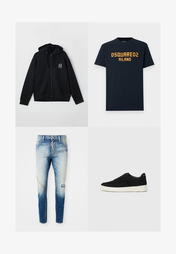 Černá zipová mikina vyrobená z měkké látky, s podšívkou kapuce, dvěma předními kapsami a malým bílým logem na levé části hrudníku.; Námořnicky modré bavlněné tričko s výrazným oranžovým nápisem "DSQUARED2 MILANO" přes hruď. Klasický kulatý výstřih a krátké rukávy.; Světle modré vyteplené skinny džíny s malým roztrhnutím na pravém stehně a červeným značkovým štítkem blízko předního zipu.; Černé semišové tenisky s krajkovým designem a kontrastní bílou gumovou podrážkou. Obsahují texturované boční panely a jemné branding na patě.