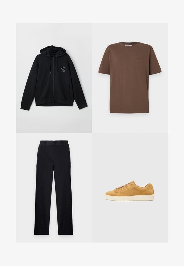 Sweatshirt preto com fecho éclair, feito de um tecido macio, apresentando um capuz forrado, dois bolsos frontais e um pequeno logótipo branco no lado esquerdo do peito.; T-shirt de algodão castanho com decote redondo, mangas curtas e um pequeno logótipo impresso na frente. Textura de tecido lisa, ajuste casual.; Calças pretas com um tecido leve e texturizado, design de pernas retas, cintura elástica e bolsos laterais com fecho.; Sapatilha de camurça bege com perfil baixo, bico redondo e frente com atacadores. Sola de borracha creme com textura subtil e detalhes mínimos.