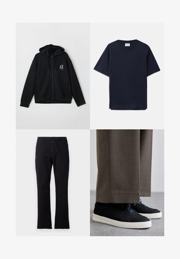 Melnā kapuce ar rāvējslēdzēju, izgatavota no mīksta auduma, ar oderētu kapuci, divām priekšējām kabatām un mazu balto logo kreisajā krūtī.; T tumšzilā kokvilnas T-kreklu ar īsām piedurknēm, apaļu kakla izgriezumu un brīvu piegriezumu. Uz kakla izgriezuma ir uzrādīts uzraksts "CLOSED". Gluda tekstūra.; Melnas kokvilnas bikses ar taisnu kāju dizainu, priekšējo pogu aizdari un divām sānu kabatām; gluda tekstūra bez redzamām rakstām.; Melni zamšaini sporta apavi ar baltām gumijas zolēm, ar noapaļotu purngalu un auklām, valkāti ar pelēkiem piegrieztiem biksēm.