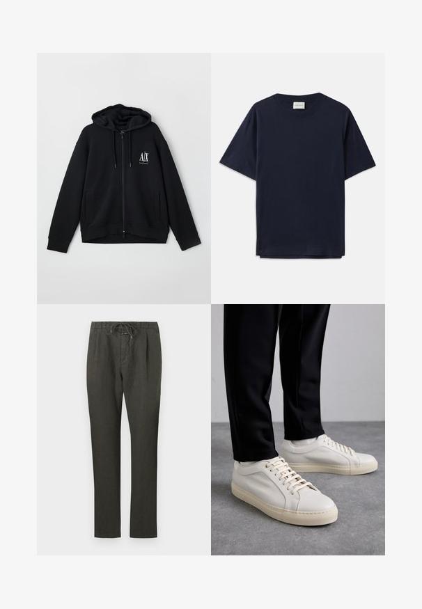 Sweatshirt preto com fecho éclair, feito de um tecido macio, apresentando um capuz forrado, dois bolsos frontais e um pequeno logótipo branco no lado esquerdo do peito.; T-shirt de algodão azul-marinho com mangas curtas, decote redondo e um corte descontraído. A etiqueta diz "CLOSED" no decote. Textura suave.; Calças de linho cinza escuro com cintura elástica. Design de perna reta, tecido leve, detalhes mínimos e textura suave.; Tênis de couro bege claro com atacadores planos, uma superfície texturizada e uma sola de borracha creme contrastante, combinados com calças pretas ajustadas.