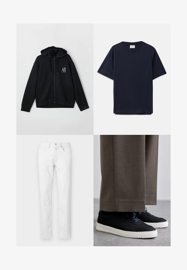 Crna zip-up majica s kapuljačom izrađena od mekanog materijala, s postavljenom kapuljačom, dva prednja džepa i malim bijelim logom na lijevoj strani prsiju.; Tamno plava pamukasta majica s kratkim rukavima, okruglim izrezom i opuštenim krojem. Oznaka na izrezu kaže "CLOSED". Glatka tekstura.; Bijele traperice ravnog kroja izrađene od denima, sa pet džepova, zatvaranjem na gumbe i klasičnim krojem s minimalnom teksturom.; Crne nubuk tenisice s bijelim gumenim potplatima, s zaobljenim vrhom i vezicama, uparene s sivim krojenim hlačama.
