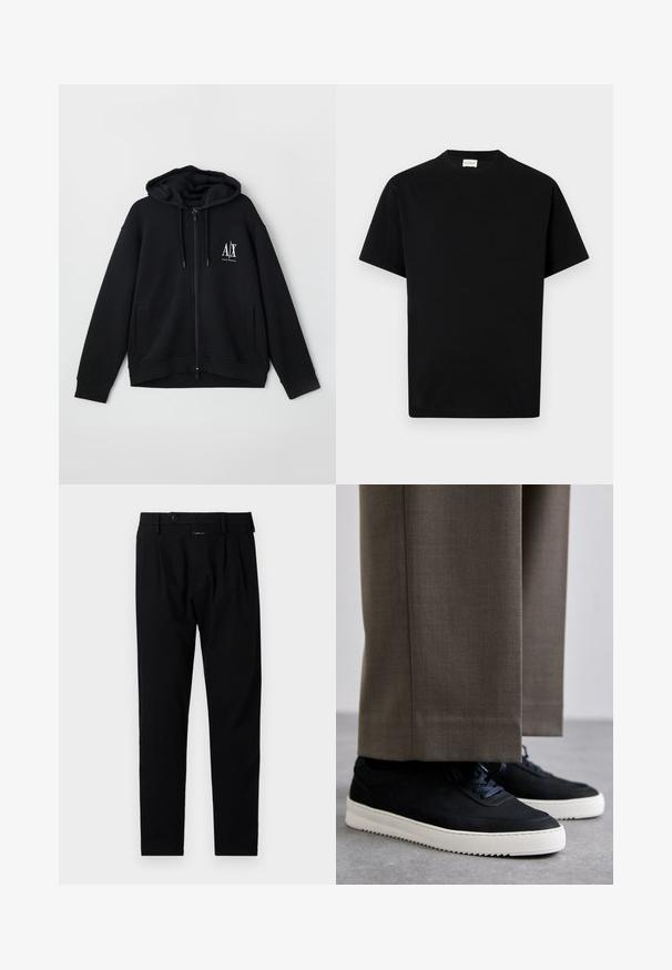 Zwarte zip-up hoodie van zacht materiaal, met een gevoerde capuchon, twee voorke pockets, en een klein wit logo op de linkerkant van de borst.; Zwarte katoen t-shirt met ronde hals, korte mouwen en rechte snit. Geen zichtbare patronen of hardwaredetails.; Zwarte broek met een getailleerde pasvorm, voorzien van een vlakke voorkant, enkele plooien en een knoopsluiting. Gemaakt van een gladde stof, geschikt voor formele gelegenheden.; Zwarte suède sneakers met witte rubberen zolen, voorzien van een ronde neus en veters, gedragen met grijze tailored broek.