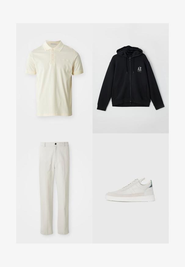 Juodas zip-up džemperis, pagamintas iš minkštos medžiagos, turi pamuštą gobtuvą, dvi priekinės kišenes ir mažą baltą logotipą ant kairiojo krūtinės.; Šviesiai geltonas polo marškinėliai, pagaminti iš minkštos medvilnės. Turi klasikinį apykaklę, trijų mygtukų užsegimą ir trumpas rankoves. Diskretiškas prekės ženklo logotipas ant krūtinės.; Bežiniai tiesūs keliai su diržo kilpomis, priekiniais mygtukais ir užtrauktuku, išdėstyti ant balto fono.; Balti odiniai sportbačiai su pilkais zomšos akcentais, su raišteliais, su traukimo juostele ir tekstūruota guma, kurioje matomas zigzago raštas.