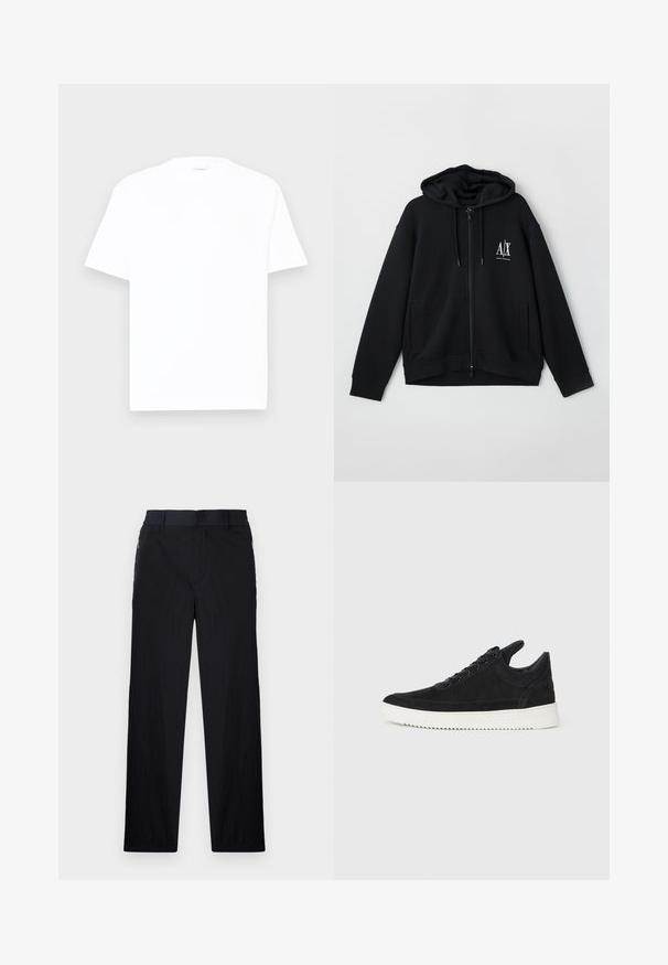 Svart zip-up hettegenser laget av myk stoff, med foret hette, to frontlommer og en liten hvit logo på venstre bryst.; Hvit bomulls T-skjorte med rund hals, korte ermer og en avslappet passform. Glatt tekstur, minimal dekorasjon og ingen mønstre eller grafikk.; Sorte bukser med lett og teksturert stoff, rett ben-design, elastisk midjebånd og sidelommer med glidelås.; Sorte semskede sneakers med hvit gummisåle, med tonale sømmer og snøring. Glatt tekstur med en moderne, strømlinjeformet form.