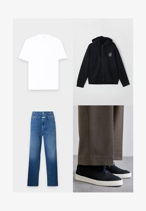 Melnā kapuce ar rāvējslēdzēju, izgatavota no mīksta auduma, ar oderētu kapuci, divām priekšējām kabatām un mazu balto logo kreisajā krūtī.; Balts kokvilnas T-krekls ar apaļu kakla izgriezumu, īsām piedurknēm un brīvu piegriezumu. Gluda tekstūra, minimālas detaļas, bez rakstiem vai grafikas.; Zilā džinsu bikses ar taisnu kāju kroku, ar pogu aizdari, jostas cilpām un vieglu izbalēšanu uz augšstilbiem.; Melni zamšaini sporta apavi ar baltām gumijas zolēm, ar noapaļotu purngalu un auklām, valkāti ar pelēkiem piegrieztiem biksēm.