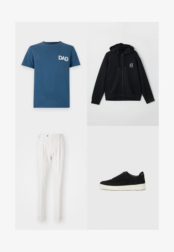 Czarna bluza z kapturem na zamek, wykonana z miękkiego materiału, z podszewką w kapturze, dwoma przednimi kieszeniami oraz małym białym logo na lewej piersi.; Niebieska bawełniana koszulka z krótkim rękawem i okrągłym dekoltem, z białym nadrukiem tekstu "DAD" na lewej stronie klatki piersiowej.; Białe, dopasowane spodnie z płaskim przodem, dwoma zaszewkami i podwiniętymi mankietami. Wykonane z gładkiego materiału z zapięciem na guzik w talii.; Czarne zamszowe sneakersy z designem na sznurówki i kontrastującą białą gumową podeszwą. Posiadają teksturowane boczne panele oraz subtelne logo na pięcie.