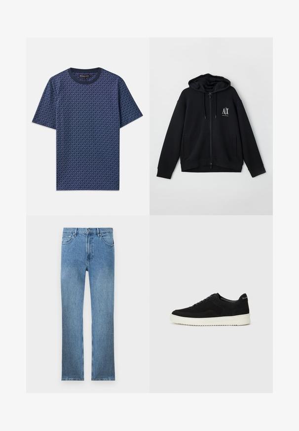 Črna zip-up kapuca iz mehkega blaga, z podloženim kapucem, dvema sprednjima žepoma in majhnim belim logotipom na levi strani prsnega koša.; Temno modra bombažna majica s kratkimi rokavi, okrašena z geometrijskim vzorcem logotipa MK. Ima okrogel izrez in kratke rokave, z strukturo tkanine po celotni površini.; Svjetloplave traperice s ravnim krojem, pet džepova, patentnim zatvaračem i kontrastnim šavovima. Tkanina ima glatku, teksturiranu površinu.; Črni semiš teniški copati z vezalkami in kontrastnim belim gumijastim podplatom. Imajo teksturirane stranske panele in subtilno oznako na peti.