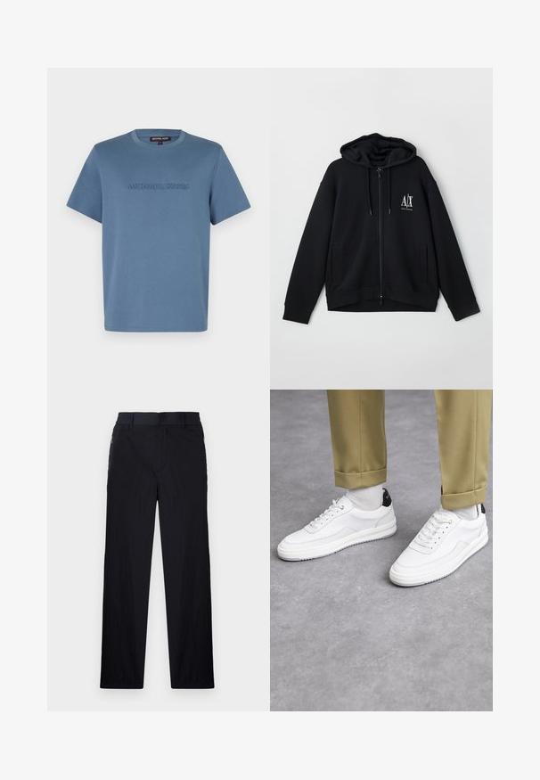 Black zip-up hoodie made of soft fabric, featuring a lined hood, two front pockets, and a small white logo on the left chest.; Light blue cotton t-shirt featuring a crew neck and short sleeves, with "MICHAEL KORS" embossed on the front in a matching shade.; Black trousers featuring a lightweight, textured fabric, straight-leg design, elastic waistband, and side zip pockets.; White sneakers with a textured leather finish, rounded toe, and black heel accent. Rubber sole with small tread pattern and stitched detail.