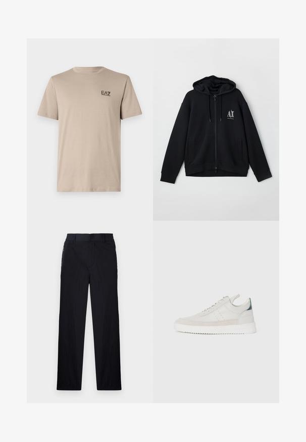 Hanorac negru cu fermoar, fabricat dintr-un material moale, având o glugă căptușită, două buzunare frontale și un mic logo alb pe partea stângă a pieptului.; Tricou bej cu manșă scurtă din bumbac moale. Prezintă un mic logo negru în zona pieptului stâng. Decolteu rotund, croială obișnuită și textură simplă.; Pantaloni negri dintr-un material ușor, texturat, cu croială drept pentru picioare, talie elastică și buzunare laterale cu fermoar.; Adidași din piele albă cu accente din sueded gri, design cu șireturi, tab de prindere și talpă din cauciuc texturat cu un model în zigzag.