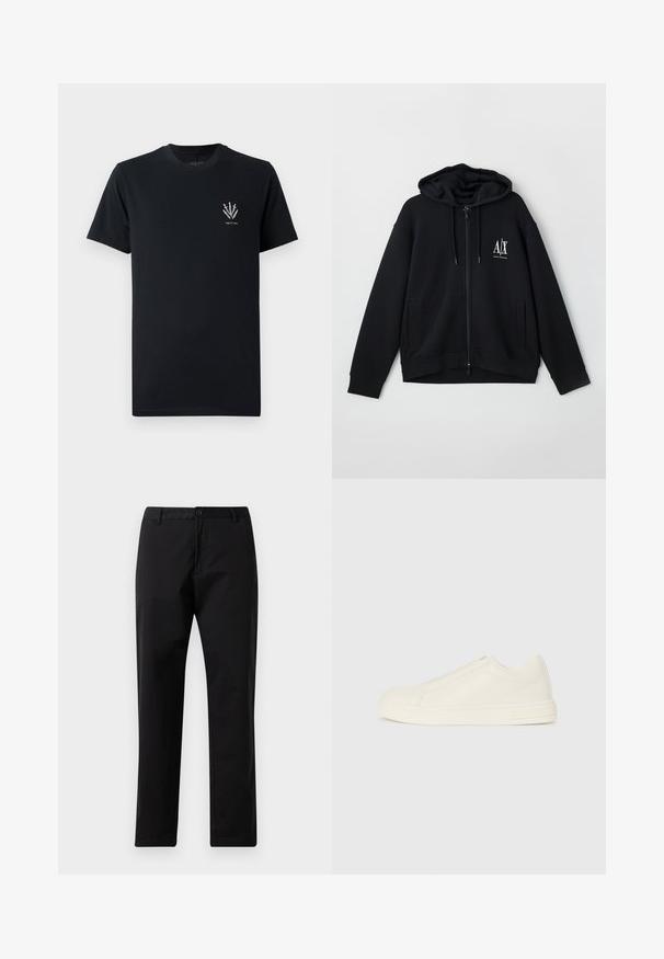 Čierna mikina na zips vyrobená z mäkkej textílie, s podšívkou kapucne, dvoma prednými vreckami a malým bielym logom na ľavej hrudi.; Čierne bavlnené tričko s okrúhlym výstrihom, krátkymi rukávmi a malou grafikou bielych mečov na ľavej strane hrude.; Čierne nohavice so rovnými nohavicami, s upevnením na gombík a zips, s pútkami na opasok a prednými vreckami, zobrazené na bielom pozadí.; Nízke béžové kožené tenisky s okrúhlym špičkou, minimálnym prešívaním a bočným zipsom na bielom pozadí.