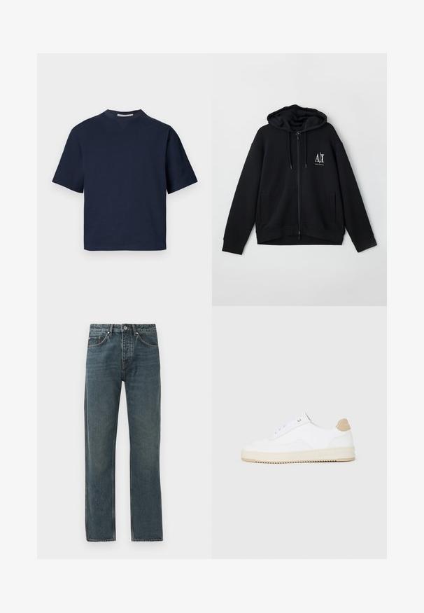 Svart zip-up hettegenser laget av myk stoff, med foret hette, to frontlommer og en liten hvit logo på venstre bryst.; Marineblå t-skjorte med korte ermer og v-hals, laget av mykt materiale, med en avslappet passform og minimalistisk design, uten synlige mønstre eller metalldeler.; Mørkeblå denimjeans med rett ben-design, med fem lommer, knappeåpning og kontrasterende sømdetaljer.; Hvite lave sneakers med overdel i teksturert skinn, kremfarget såle med ribber og en brunt fargeklatt på hælen. Har hvite lisser og logodetalj på hælen.