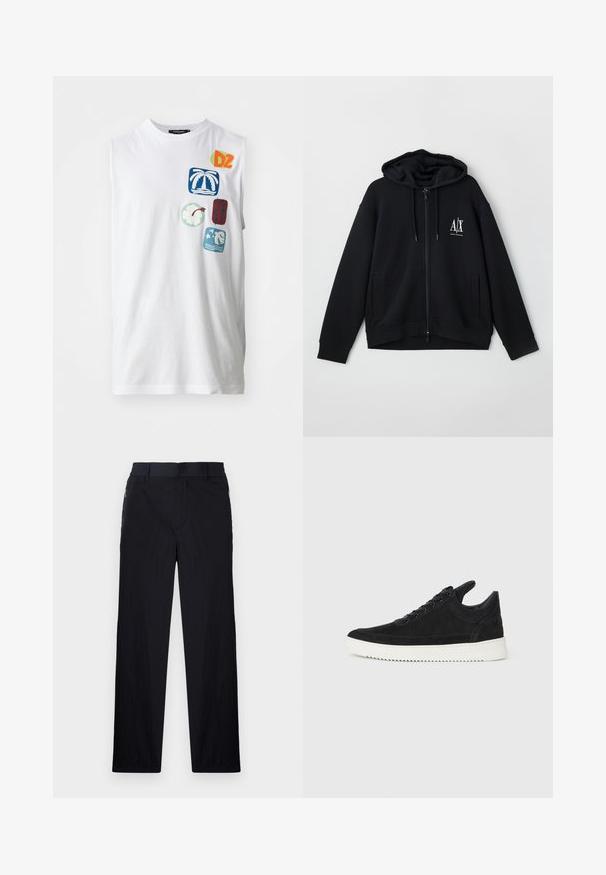 Mustan vetoketjullinen huppari, joka on valmistettu pehmeästä kankaasta. Hupparissa on vuorattu huppu, kaksi etutaskua ja pieni valkoinen logo vasemmassa rinnassa.; Valkoinen hihaton puuvillainen t-paita, jossa on värikkäitä graafisia täpliä, kuten palmuja, kukkia ja abstrakteja kuvioita sinisen, vihreän ja punaisen sävyissä.; Mustat housut, joissa on kevyt, teksturoitu kangas, suora lahje, joustava vyötärö ja sivuvetoketjupussit.; Mustat mokkasiinikenkiä valkoisella kumipohjalla, jossa on sävy sävyyn ompelu ja nauhakiinnitys. Sujuva pinta ja moderni, virtaviivainen muoto.