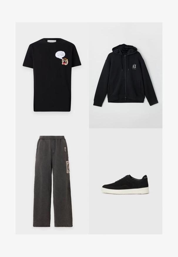 Black zip-up hoodie made of soft fabric, featuring a lined hood, two front pockets, and a small white logo on the left chest.; Black cotton t-shirt featuring a colorful embroidered character at the chest with a speech bubble graphic. Short sleeves and classic fit.; Wide-leg trousers in dark gray fabric, featuring a decorative patch on the front pocket and an elastic waistband for comfort.; Black suede sneaker with lace-up design and contrasting white rubber sole. Features textured side panels and subtle branding on the heel.