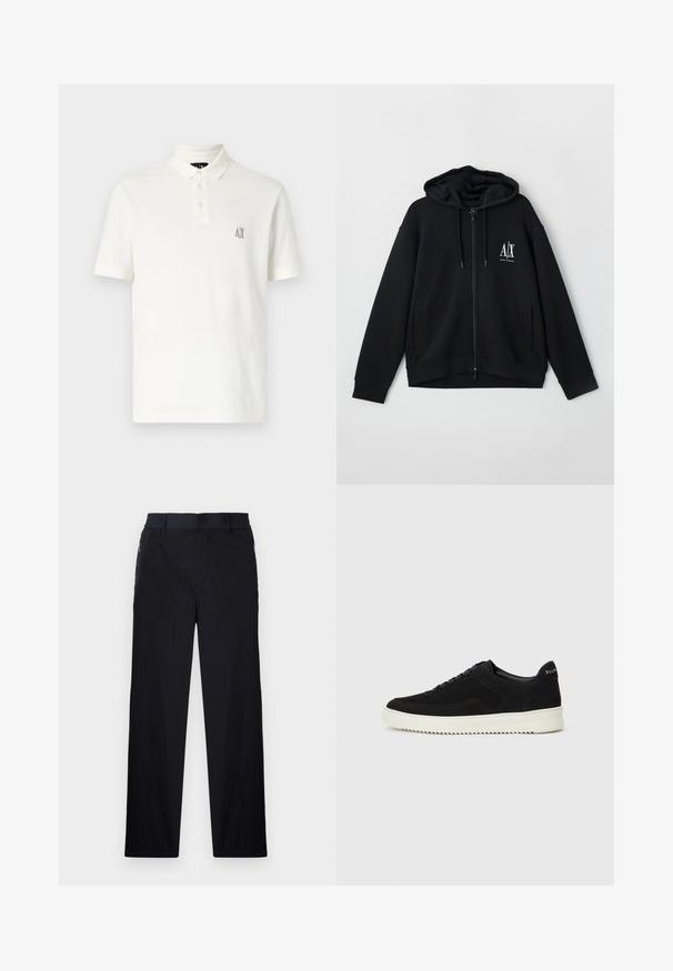 Svart zip-up hettegenser laget av myk stoff, med foret hette, to frontlommer og en liten hvit logo på venstre bryst.; Hvit polo skjorte laget av bomull, med en krage med to knapper, korte ermer og en liten brodert logo i brunt på venstre bryst.; Sorte bukser med lett og teksturert stoff, rett ben-design, elastisk midjebånd og sidelommer med glidelås.; Svart semsket sneakers med snøring og kontrasterende hvit gummisåle. Har teksturerte sidepaneler og subtil merkevare på hælen.