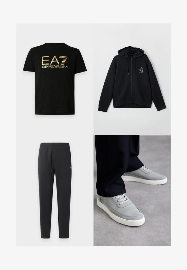 Hanorac negru cu fermoar, fabricat dintr-un material moale, având o glugă căptușită, două buzunare frontale și un mic logo alb pe partea stângă a pieptului.; Tricou negru din bumbac, cu imprimeu auriu lucios "EA7" și "emporio armani" pe partea din față, în font îndrăzneț și modern. Mâneci scurte.; Pantaloni de jogger negri, confecționați dintr-un material moale, cu un brâu elastic, picioare drepte și un detaliu mic cu logo pe lateral.; Adidași gri din suede cu talpă din cauciuc albă, având un design cu șireturi, vârf rotunjit și detalii de cusătură subtile, purtați cu pantaloni negri.