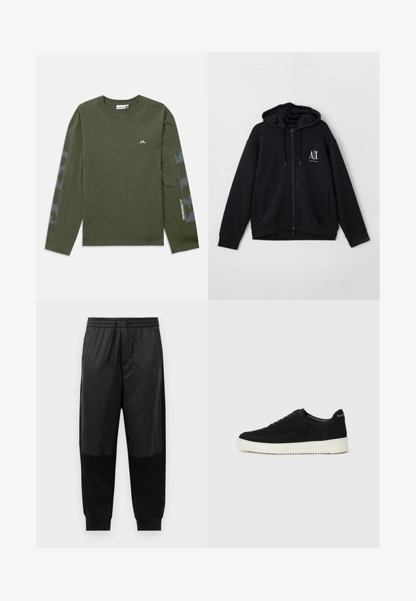 Schwarze Zip-Hoodie aus weichem Stoff, mit gefütterter Kapuze, zwei Fronttaschen und einem kleinen weißen Logo auf der linken Brust.; Langärmliges olivgrünes T-Shirt aus Baumwolle, mit einem kleinen weißen Logo auf der Brust und einem gemusterten grauen Akzent auf den Ärmeln.; Schwarze Sporthosen mit einer Mischung aus glatten und strukturierten Stoffen, elastischem Bund mit Kordelzug und schmal zulaufenden Bündchen.; Schwarze Wildleder-Sneaker mit Schnürdesign und kontrastierender weißer Gummisohle. Verfügt über strukturierte Seitenpaneele und dezentes Branding an der Ferse.