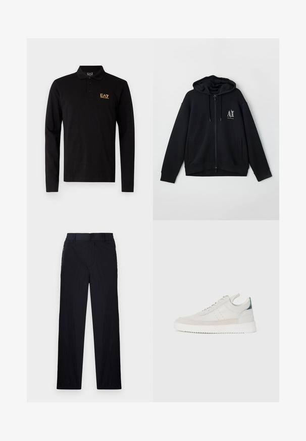 Svart zip-up hettegenser laget av myk stoff, med foret hette, to frontlommer og en liten hvit logo på venstre bryst.; Svart langermet polo skjorte laget av bomull, med tre-knaps placket og en kontrasterende brodert logo i gult på brystet.; Sorte bukser med lett og teksturert stoff, rett ben-design, elastisk midjebånd og sidelommer med glidelås.; Hvite lær sneakers med grå semsket skinndetaljer, snøring, bånd for å dra opp, og en teksturert gummisåle med en sikksakk-mønster.