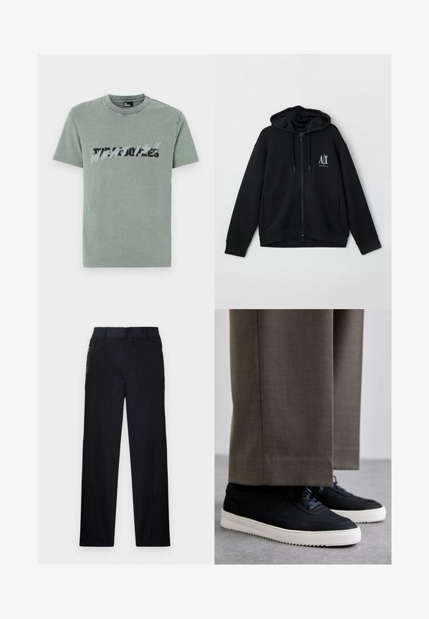 Μαύρο φούτερ με φερμουάρ φτιαγμένο από μαλακό ύφασμα, διαθέτει επενδεδυμένη κουκούλα, δύο μπροστινές τσέπες και ένα μικρό λευκό λογότυπο στο αριστερό στήθος.; Πράσινο βαμβακερό μπλουζάκι με στρογγυλή λαιμόκοψη, κοντά μανίκια και φθαρμένη εκτύπωση γραφικών σε μαύρο και ανοιχτό μπλε χρώμα μπροστά.; Μαύρο παντελόνι με ελαφρύ, υφασματοποιημένο φινίρισμα, ευθύ γραμμή, ελαστική ζώνη στη μέση και πλαϊνές τσέπες με φερμουάρ.; Μαύρα σουέντ αθλητικά παπούτσια με λευκές καουτσούκ σόλες, με στρογγυλή μύτη και κορδόνια, φορεμένα με γκρι προσαρμοσμένα παντελόνια.