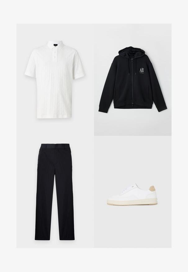 Čierna mikina na zips vyrobená z mäkkej textílie, s podšívkou kapucne, dvoma prednými vreckami a malým bielym logom na ľavej hrudi.; Biely polo tričko s textúrovaným vzorom, s troj- tlačidlovým zapínaním a krátkymi rukávmi s kontrastnými manžetami. Vyrobené z bavlny.; Čierne nohavice z ľahkého textúrovaného materiálu, s priamym strihom, elastickým pásom a bočnými zipsovými vreckami.; Biele nízke tenisky s textúrovaným koženým zvrškom, krémovou drážkovanou podrážkou a akcentom v hnedej farbe na podpätku. Majú biele šnúrky a detail loga na päte.