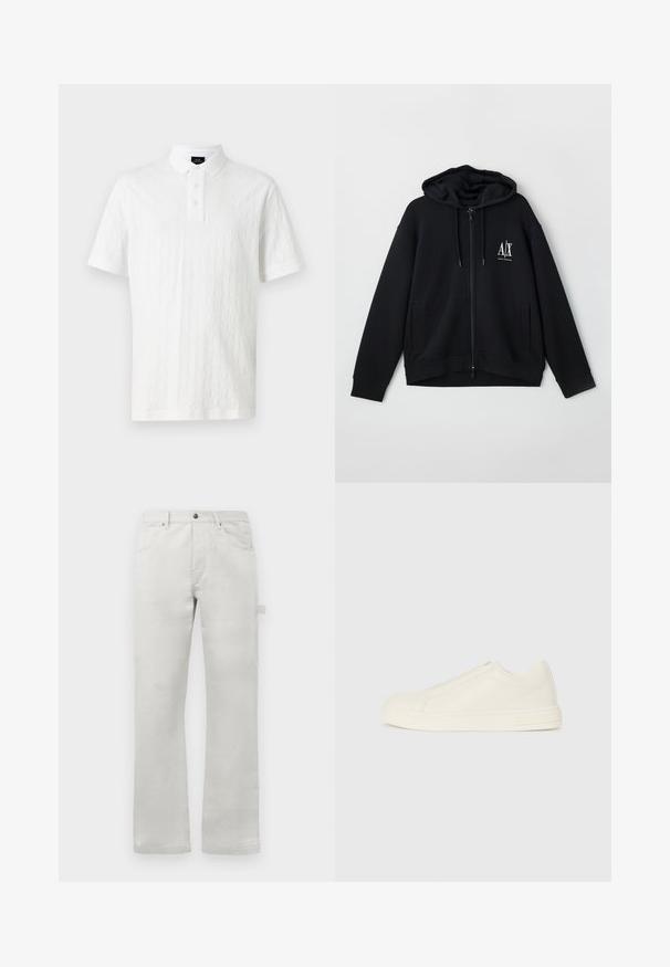 Svart zip-up hettegenser laget av myk stoff, med foret hette, to frontlommer og en liten hvit logo på venstre bryst.; Hvit polo skjorte med teksturert mønster, tre-knapp placket og korte ermer med kontrasterende mansjetter. Laget av bomull.; Lys grå bukser med rett fit, laget av glattet bomullsstoff, med frontlommer og en sidetaskelomme.; Lave topp beige lær sneakers med rund tå, minimal søm og glidelås på siden, på en hvit bakgrunn.
