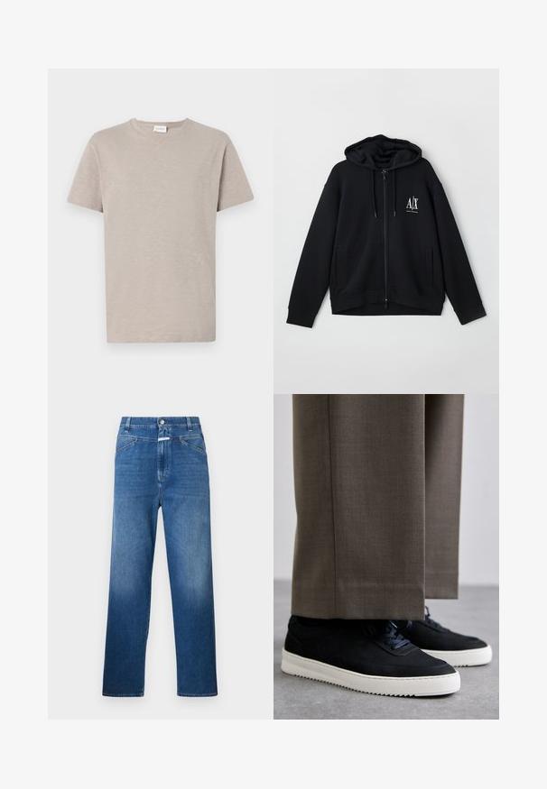 Melnā kapuce ar rāvējslēdzēju, izgatavota no mīksta auduma, ar oderētu kapuci, divām priekšējām kabatām un mazu balto logo kreisajā krūtī.; Gaišbeigā, īsām piedurknēm t-kreklā, kas izgatavots no mīkstas, teksturētas auduma. Tam ir apaļā kakla izgriezums un maiga logotipa detaļa tuvumā apakšmalai.; Zilā džinsu bikses ar taisnu kāju kroku, ar pogu aizdari, jostas cilpām un vieglu izbalēšanu uz augšstilbiem.; Melni zamšaini sporta apavi ar baltām gumijas zolēm, ar noapaļotu purngalu un auklām, valkāti ar pelēkiem piegrieztiem biksēm.