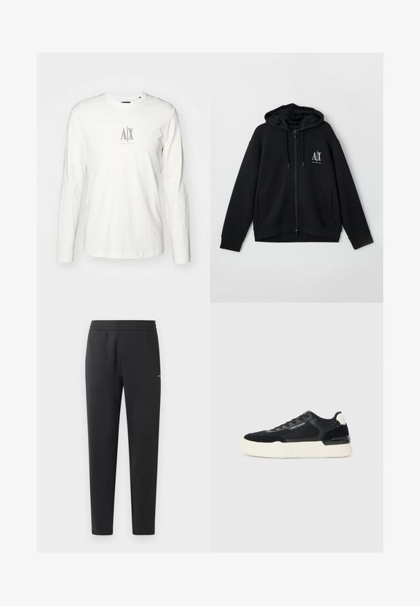 Schwarze Zip-Hoodie aus weichem Stoff, mit gefütterter Kapuze, zwei Fronttaschen und einem kleinen weißen Logo auf der linken Brust.; Langärmliges weißes Baumwoll-T-Shirt mit einem kleinen beigen Logo mit "AX" in der Mitte. Glatte Textur und klassischer Rundhalsausschnitt.; Schwarze Jogginghosen aus weichem Stoff, mit einem elastischen Bund, geraden Beinen und einem kleinen Logodetail an der Seite.; Schwarze Sneaker aus Mesh und Leder, mit einer dicken weißen Sohle und kontrastierenden Akzenten. Schnürsenkel und Logo-Details an der Seite.