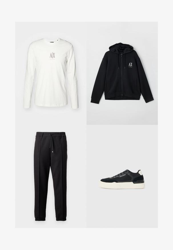 Svart zip-up hettegenser laget av myk stoff, med foret hette, to frontlommer og en liten hvit logo på venstre bryst.; Langermet hvit bomull T-skjorte med en liten beige logo med "AX" i midten. Glatt tekstur og klassisk rund hals.; Sorte bukser med liv, snor og elastiske mansjetter. Har plisséer og et glatt, teksturert stoff.; Svart sneaker laget av mesh og lær, med en tykk hvit såle og kontrasterende detaljer. Lissene og logoen er detaljer på siden.