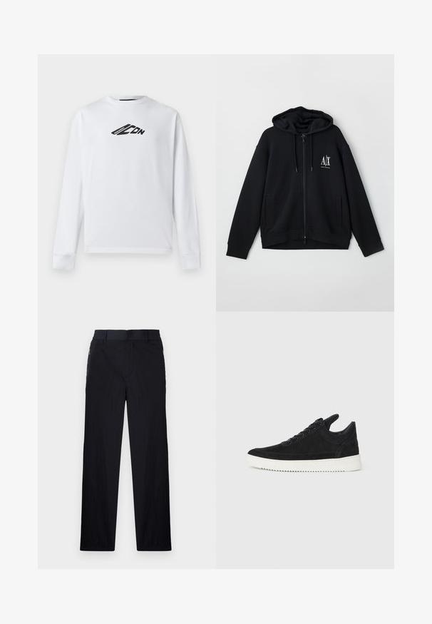 Black zip-up hoodie made of soft fabric, featuring a lined hood, two front pockets, and a small white logo on the left chest.; White long-sleeve sweatshirt made of cotton, featuring a black logo design on the front and ribbed cuffs. Classic crew neckline.; Black trousers featuring a lightweight, textured fabric, straight-leg design, elastic waistband, and side zip pockets.; Black suede sneaker with a white rubber sole, featuring tonal stitching and lace-up design. Smooth texture with a modern, streamlined shape.