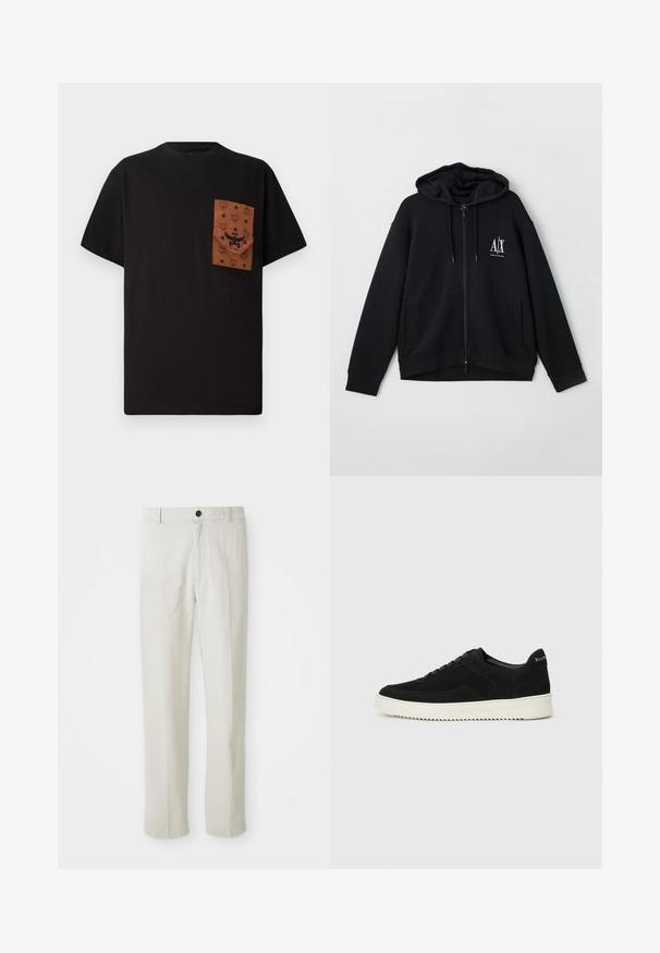 Black zip-up hoodie made of soft fabric, featuring a lined hood, two front pockets, and a small white logo on the left chest.; Black T-shirt with a brown pocket featuring an embossed pattern and logo. Short sleeves and round neckline. Cotton fabric, casual fit.; Beige straight-leg pants with belt loops, front button, and zip closure, displayed flat on a white background.; Black suede sneaker with lace-up design and contrasting white rubber sole. Features textured side panels and subtle branding on the heel.
