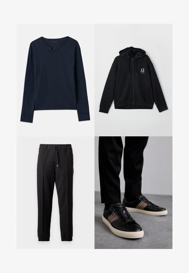 Black zip-up hoodie made of soft fabric, featuring a lined hood, two front pockets, and a small white logo on the left chest.; Long-sleeve, navy blue T-shirt made of soft cotton. Features a v-neck with five buttons and subtle side slits at the hem.; Black trousers with a waistband, drawstring, and elastic cuffs. Features pleats and a smooth, textured fabric.; Black leather sneakers with multicolored striped accents, round toe, and white rubber soles, featuring lace-up design and embossed branding.