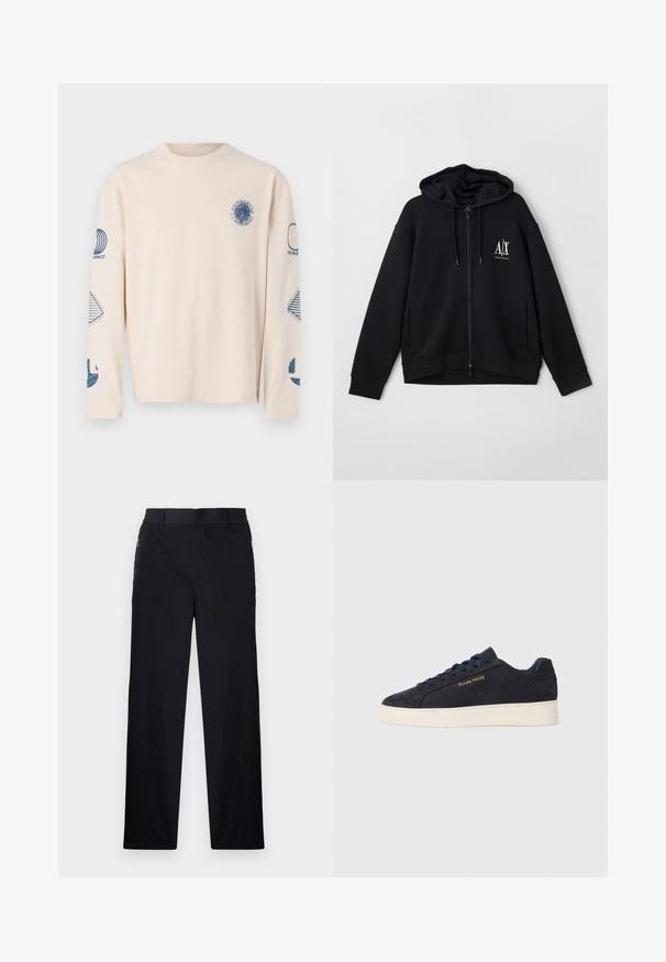 Black zip-up hoodie made of soft fabric, featuring a lined hood, two front pockets, and a small white logo on the left chest.; Long-sleeve, beige T-shirt made of cotton. Features blue graphic prints on the chest and sleeves, with various geometric designs.; Black trousers featuring a lightweight, textured fabric, straight-leg design, elastic waistband, and side zip pockets.; Navy blue suede low-top sneaker with white sole, navy laces, and "Filling Pieces" logo in gold on the side.