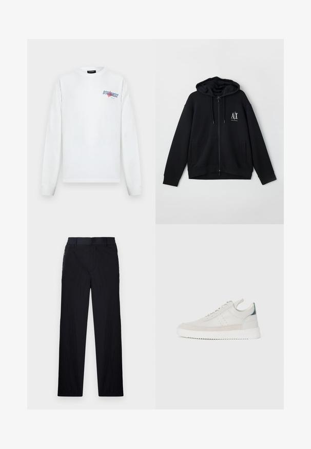 Svart zip-up hoodie i mjukt tyg, med en fodrad huva, två framfickor och en liten vit logotyp på vänster bröst.; Vit långärmad tröja med blå och röd DSQUARED2-logo på vänster bröst, rund halsringning och ribbade muddar.; Svarta byxor med lätt, texturerad tyg, rak benmodell, elastisk midja och sidofickor med dragkedja.; Vita lädersneakers med grå mockadetaljer, snördesign, dragflik och texturerad gummisula med ett zigzag-mönster.