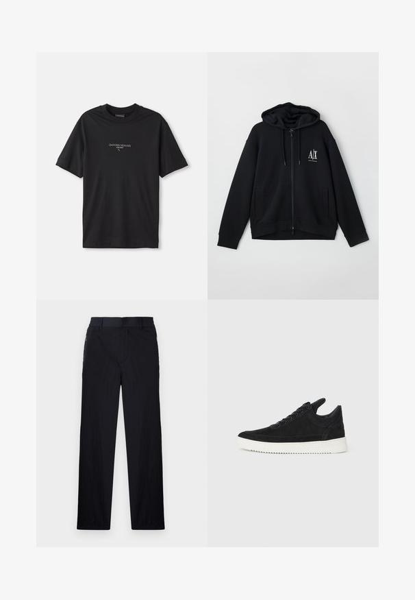 Μαύρο φούτερ με φερμουάρ φτιαγμένο από μαλακό ύφασμα, διαθέτει επενδεδυμένη κουκούλα, δύο μπροστινές τσέπες και ένα μικρό λευκό λογότυπο στο αριστερό στήθος.; Μαύρο βαμβακερό μπλουζάκι με κοντά μανίκια, που διαθέτει στρογγυλή λαιμόκοψη και ανάγλυφο λογότυπο στο στήθος. Λείο υφή και κανονική εφαρμογή.; Μαύρο παντελόνι με ελαφρύ, υφασματοποιημένο φινίρισμα, ευθύ γραμμή, ελαστική ζώνη στη μέση και πλαϊνές τσέπες με φερμουάρ.; Μαύρο σουέτ αθλητικό παπούτσι με λευκή καουτσούκ σόλα, με τόνο ραφές και σχέδιο με κορδόνια. Λείος υφή με μοντέρνα, αεροδυναμική γραμμή.