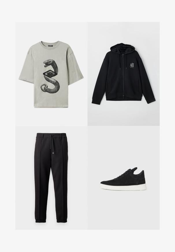 Black zip-up hoodie made of soft fabric, featuring a lined hood, two front pockets, and a small white logo on the left chest.; Gray cotton T-shirt featuring a black graphic of a snake coiled around a diamond shape, with short sleeves and a crew neck.; Black trousers with a waistband, drawstring, and elastic cuffs. Features pleats and a smooth, textured fabric.; Black suede sneaker with a white rubber sole, featuring tonal stitching and lace-up design. Smooth texture with a modern, streamlined shape.