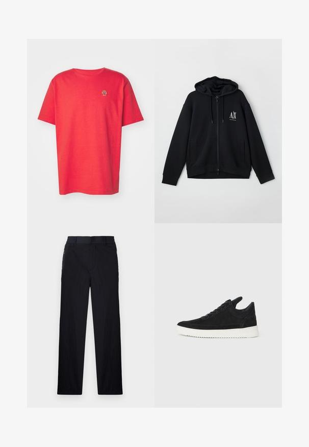 Felpa nera con zip realizzata in morbido tessuto, dotata di cappuccio foderato, due tasche frontali e un piccolo logo bianco sul lato sinistro del petto.; Bally T-shirt basic - red fire; Pantaloni neri realizzati in un tessuto leggero e strutturato, con taglio dritto, vita elasticizzata e tasche laterali con zip.; Sneaker in suede nero con suola in gomma bianca, caratterizzato da cuciture tonali e design con lacci. Texture liscia con una forma moderna e aerodinamica.