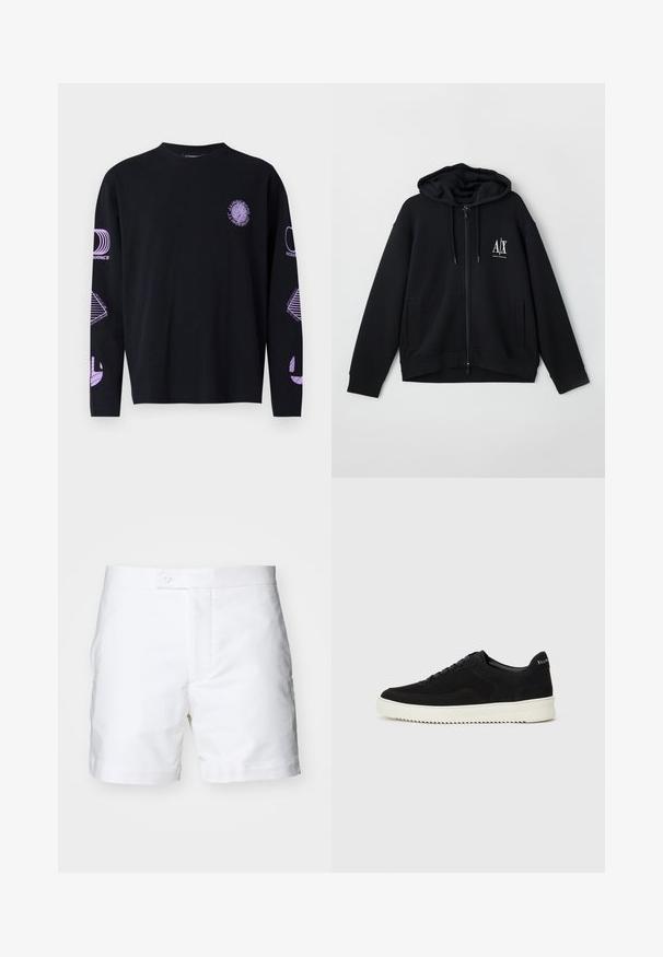 Hanorac negru cu fermoar, fabricat dintr-un material moale, având o glugă căptușită, două buzunare frontale și un mic logo alb pe partea stângă a pieptului.; Tricou negru cu mânecă lungă, cu imprimeuri grafice purpurii pe piept și mâneci, realizat dintr-un material cu o textură netedă. Design cu guler rotund.; Shorts albe din bumbac, cu croială dreaptă, două buzunare laterale, închidere cu nasture și o textură curată și netedă. Marginea este finisată îngrijit și pliată.; Adidași negri din suede cu design cu șireturi și talpă din cauciuc alb contrastant. Prezintă panouri laterale texturate și branding subtil pe toc.