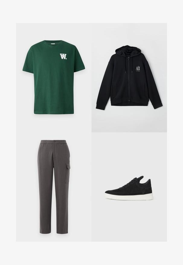 Svart zip-up hettegenser laget av myk stoff, med foret hette, to frontlommer og en liten hvit logo på venstre bryst.; Grønn bomulls t-skjorte med rund hals og korte ermer, med en hvit "W" logo på venstre bryst. Enfarget design, ingen mønstre.; Grå bukser med avslappet passform, laget av et glatt stoff. Har knappelukking, sidelommer og en cargo-lomme på benet.; Sorte semskede sneakers med hvit gummisåle, med tonale sømmer og snøring. Glatt tekstur med en moderne, strømlinjeformet form.