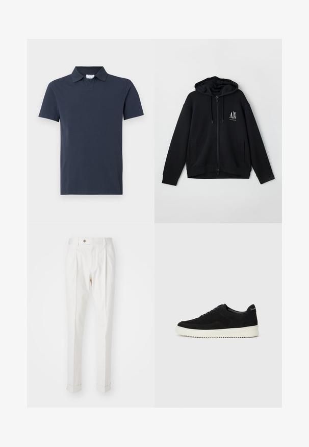 Sweatshirt preto com fecho éclair, feito de um tecido macio, apresentando um capuz forrado, dois bolsos frontais e um pequeno logótipo branco no lado esquerdo do peito.; Camisa polo azul marinha feita de algodão, com colarinho clássico, mangas curtas e bainha reta, com um design minimalista.; Calças brancas, ajustadas, com frente lisa, duas pregas e bainhas viradas. Feitas de um tecido suave com fecho de botão na cintura.; Sapatilhas de camurça pretas com design de atacadores e sola de borracha branca em contraste. Apresenta painéis laterais texturizados e uma marcação discreta no calcanhar.