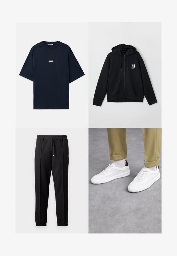 Sort lynlås hoodie lavet af blød stof, med en foret hætte, to forlommer og et lille hvidt logo på venstre bryst.; Marinblå t-shirt lavet af bomuld, med korte ærmer, rund udskæring og et lille rødt og hvidt logo på fronten.; Sorte bukser med elastisk talje, snørelukning og elastiske manchetter. Har folder og et glat, tekstureret stof.; Hvide sneakers med en tekstureret læderfinish, rund tå og sort hælaccent. Gummisål med lille mønster og syede detaljer.