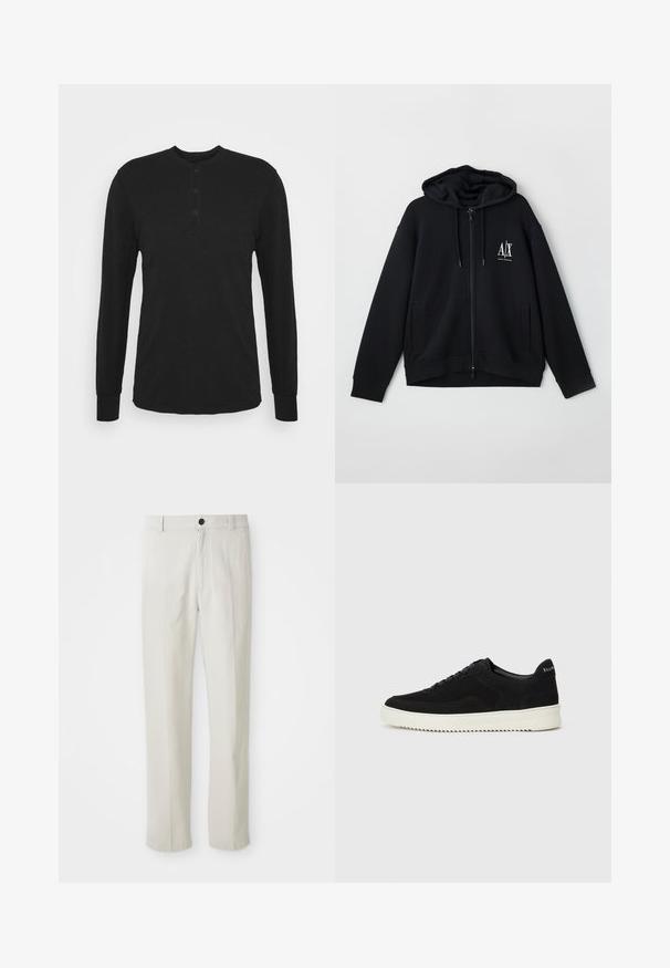 Svart zip-up hettegenser laget av myk stoff, med foret hette, to frontlommer og en liten hvit logo på venstre bryst.; Svart langermet skjorte med rund hals, tre-knaps placket og tettsittende mansjetter. Laget av mykt stoff med en glatt tekstur.; Beige rette benbukser med bæltestropper, frontknap og lynlås lukning, vist fladt på en hvid baggrund.; Svart semsket sneakers med snøring og kontrasterende hvit gummisåle. Har teksturerte sidepaneler og subtil merkevare på hælen.