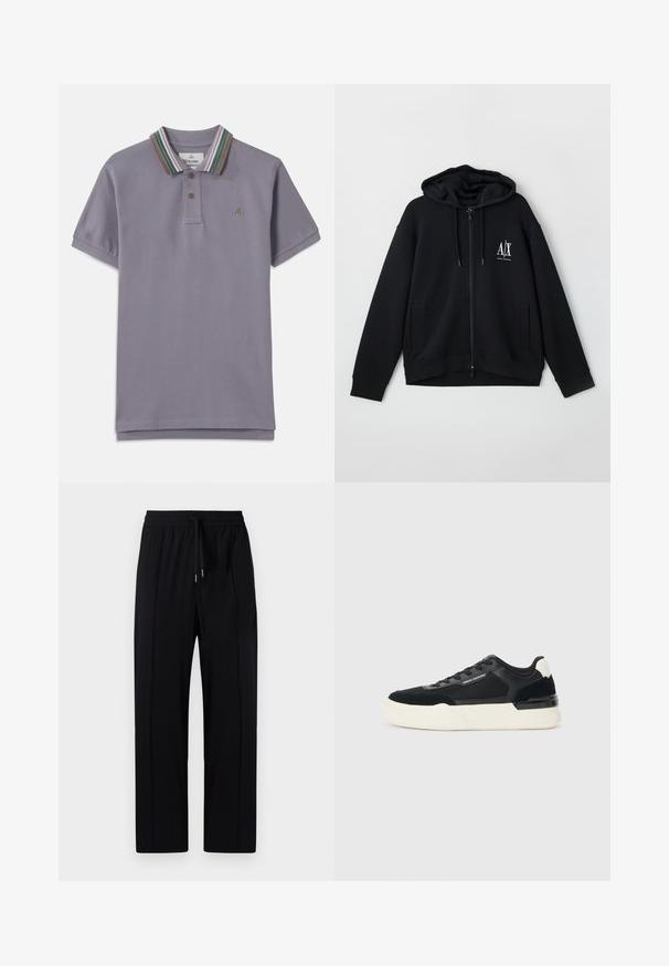 Černá zipová mikina vyrobená z měkké látky, s podšívkou kapuce, dvěma předními kapsami a malým bílým logem na levé části hrudníku.; Fialová polo košile s žebrovaným límcem, která má zelené, hnědé a růžové pruhy; tři knoflíky na zapínání; vyšívané logo na hrudi.; Černé, lehké kalhoty s elastickým pasem a šňůrkou, s dvěma předními sklady a rovnými nohavicemi. Hladká textura.; Černé tenisky vyrobené z mřížkového materiálu a kůže, s výraznou bílou podešví a kontrastními akcenty. Šněrování a detail loga na straně.
