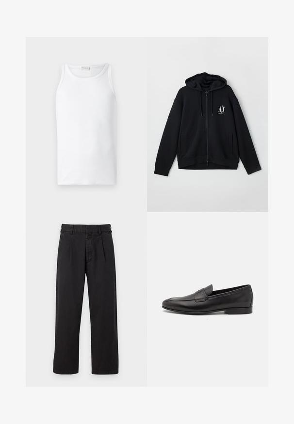 Sudadera negra con cremallera hecha de tejido suave, que cuenta con una capucha forrada, dos bolsillos frontales y un pequeño logo blanco en el lado izquierdo del pecho.; Top blanco sin mangas, hecho de tejido de algodón acanalado, con un escote redondo y un diseño sin mangas, de textura suave y sin patrones visibles.; Pantalones de algodón negros de corte recto, con un frente plisado, presillas para el cinturón y cierre de botón. Textura suave sin patrones.; Mocasín negro de cuero para hombres con un tacón bajo y un diseño clásico de cinta para monedas, mostrado en perfil lateral sobre un fondo blanco.
