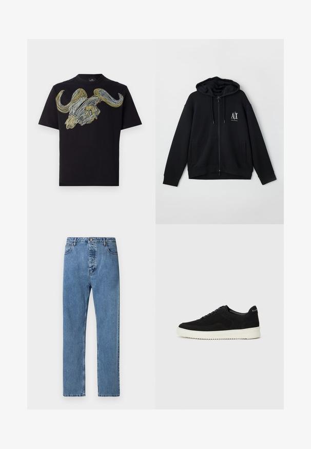 Black zip-up hoodie made of soft fabric, featuring a lined hood, two front pockets, and a small white logo on the left chest.; Black short-sleeve t-shirt featuring a bold graphic of a bull's head in gold, white, and blue swirling lines on the front. Cotton fabric.; Blue denim jeans with a straight fit, featuring a front button and zipper closure, five-pocket design, and subtle faded texture.; Black suede sneaker with lace-up design and contrasting white rubber sole. Features textured side panels and subtle branding on the heel.