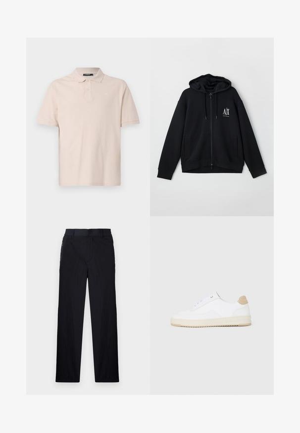 Crna zip-up majica s kapuljačom izrađena od mekanog materijala, s postavljenom kapuljačom, dva prednja džepa i malim bijelim logom na lijevoj strani prsiju.; Svijetlo bež polo majica, kratki rukavi, ovratnik, zatvaranje na dva dugmeta, suptilni logo na prsima, izrađena od mekanog pamučnog materijala.; Crne hlače od lagane, teksturirane tkanine, ravnog kroja, s elastičnom gumicom u struku i bočnim džepovima sa zatvaračem.; Bijele niske tenisice s gornjim dijelom od teksturirane kože, kremasto žljebastim potplatom i smeškim akcentom na peti. Imaju bijele vezice i detalj s logotipom na peti.