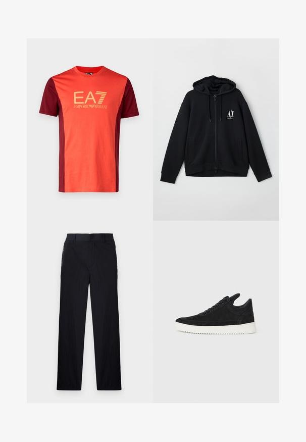 Černá zipová mikina vyrobená z měkké látky, s podšívkou kapuce, dvěma předními kapsami a malým bílým logem na levé části hrudníku.; EA7 Emporio Armani Triko s potiskem - syrah; Černé kalhoty s lehkým, strukturovaným materiálem, rovnými nohavicemi, elastickým pasem a postranními zipovými kapsami.; Černé semišové tenisky s bílou gumovou podrážkou, s tónovým prošitím a šněrováním. Hladký povrch s moderním, aerodynamickým tvarem.