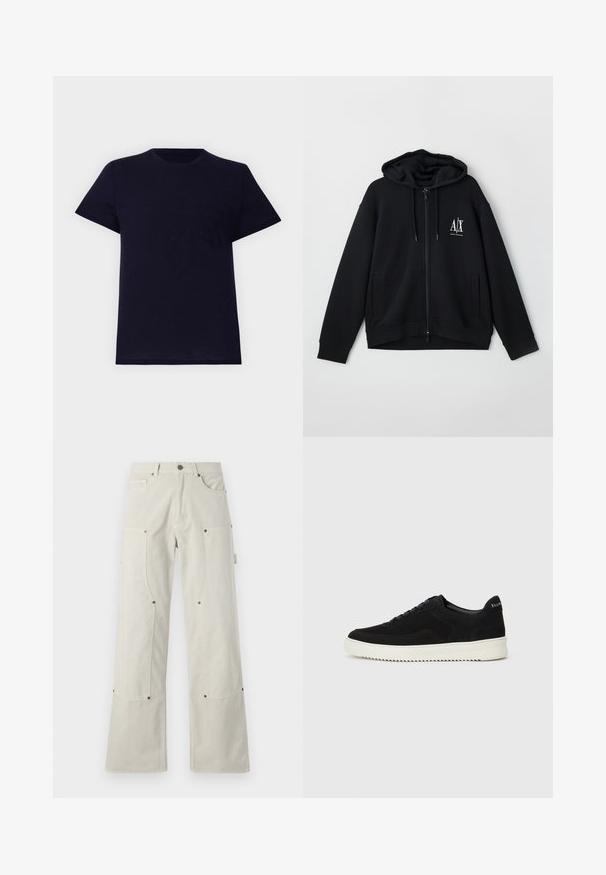 Čierna mikina na zips vyrobená z mäkkej textílie, s podšívkou kapucne, dvoma prednými vreckami a malým bielym logom na ľavej hrudi.; Námornícky modré bavlnené tričko s round neck, krátkymi rukávmi a malou náprsní kapsičkou. Má jemnú textúru a voľný strih.; Široké béžové nohavice vyrobené z bavlny s hladkým povrchom, s náprsnými vreckami a kovovými detailmi.; Čierne semišové tenisky s šnurovacím dizajnom a kontrastnou bielou gumovou podrážkou. Obsahujú štruktúrované bočné panely a jemné logo na päte.