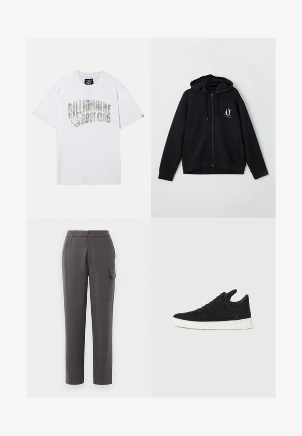 Sweatshirt preto com fecho éclair, feito de um tecido macio, apresentando um capuz forrado, dois bolsos frontais e um pequeno logótipo branco no lado esquerdo do peito.; T-shirt de algodão branco com o texto "Billionaire Boys Club" em um design em gradiente. Mangas curtas e decote redondo.; Calças cinzas com um ajuste descontraído, feitas de um tecido suave. Apresentam um fecho de botão, bolsos laterais e um bolso de carga na perna.; Sapatilha de camurça preta com sola de borracha branca, apresentando costuras tonais e um design com atacadores. Textura suave com uma forma moderna e simplificada.